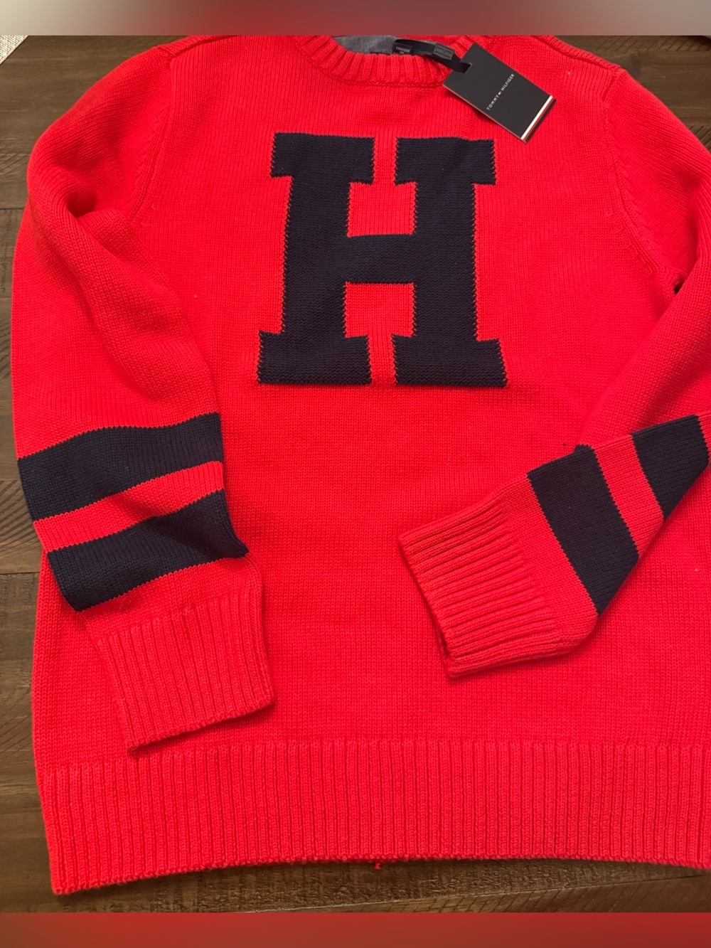 Tommy Hilfiger Red Crewneck Sweater with Navy 'H' and Stripe Accents